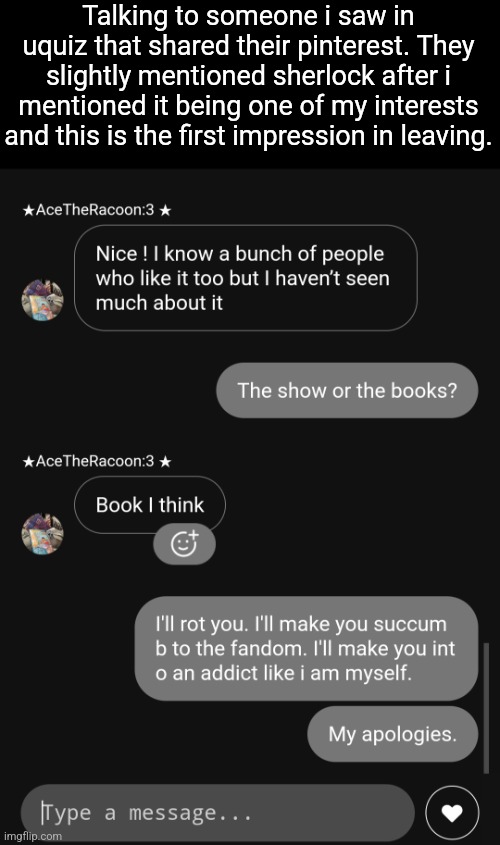 Talking to someone i saw in uquiz that shared their pinterest. They slightly mentioned sherlock after i mentioned it being one of my interests and this is the first impression in leaving. | made w/ Imgflip meme maker