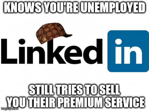 scumbag linkedin | KNOWS YOU'RE UNEMPLOYED STILL TRIES TO SELL YOU THEIR PREMIUM SERVICE | image tagged in scumbag linkedin,scumbag | made w/ Imgflip meme maker