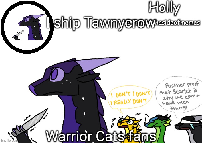 Holly announcement Wings Of Fire | I ship Tawnycrow; Warrior Cats fans | image tagged in holly announcement wings of fire | made w/ Imgflip meme maker