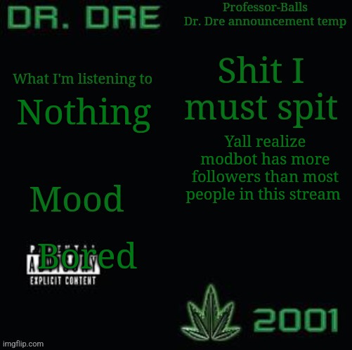 Professor-Balls Dr Dre announcement temp | Nothing; Yall realize modbot has more followers than most people in this stream; Bored | image tagged in professor-balls dr dre announcement temp | made w/ Imgflip meme maker
