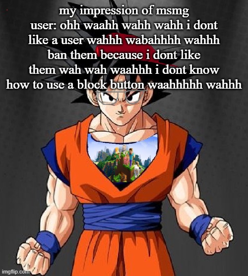 My Dragonball OC | my impression of msmg user: ohh waahh wahh wahh i dont like a user wahhh wabahhhh wahhh ban them because i dont like them wah wah waahhh i dont know how to use a block button waahhhhh wahhh | image tagged in my dragonball oc | made w/ Imgflip meme maker