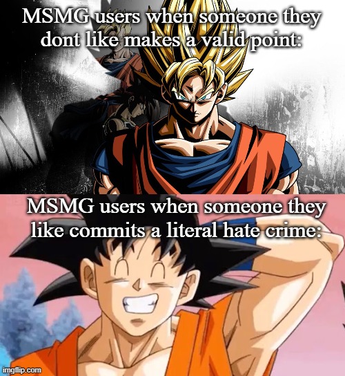Bias crazy! | MSMG users when someone they dont like makes a valid point:; MSMG users when someone they like commits a literal hate crime: | made w/ Imgflip meme maker