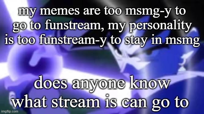 Any recommendations would be appreciated, thanks | my memes are too msmg-y to go to funstream, my personality is too funstream-y to stay in msmg; does anyone know what stream is can go to | made w/ Imgflip meme maker