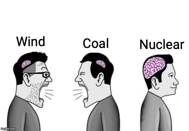 Two small brain men screaming at each other while big brain man | Coal; Nuclear; Wind | image tagged in two small brain men screaming at each other while big brain man | made w/ Imgflip meme maker