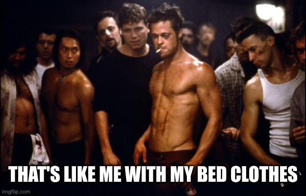 Fight Club Template  | THAT'S LIKE ME WITH MY BED CLOTHES | image tagged in fight club template | made w/ Imgflip meme maker