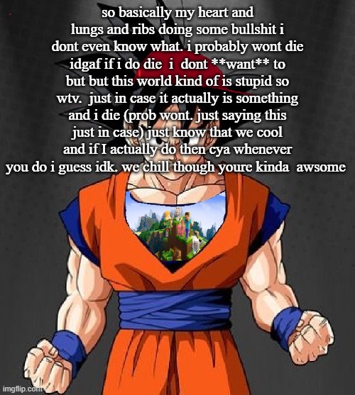 My Dragonball OC | so basically my heart and lungs and ribs doing some bullshit i dont even know what. i probably wont die idgaf if i do die  i  dont **want** to but but this world kind of is stupid so wtv.  just in case it actually is something and i die (prob wont. just saying this just in case) just know that we cool and if I actually do then cya whenever you do i guess idk. we chill though youre kinda  awsome | image tagged in my dragonball oc | made w/ Imgflip meme maker