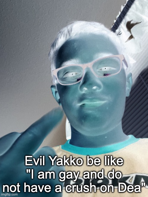 Yakko says: "f**k you!" | Evil Yakko be like "I am gay and do not have a crush on Dea" | image tagged in yakko says f k you | made w/ Imgflip meme maker