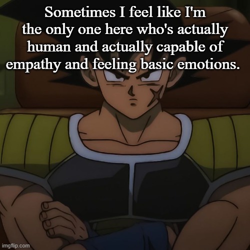 canon bardock | Sometimes I feel like I'm the only one here who's actually human and actually capable of empathy and feeling basic emotions. | image tagged in canon bardock | made w/ Imgflip meme maker