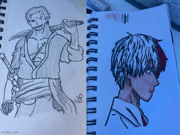 Here is my zoro and todoroki drawing, I messed up on the zoro tho :( | made w/ Imgflip meme maker