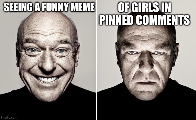 This is for instagram | OF GIRLS IN PINNED COMMENTS; SEEING A FUNNY MEME | image tagged in dean norris reaction,instagram | made w/ Imgflip meme maker