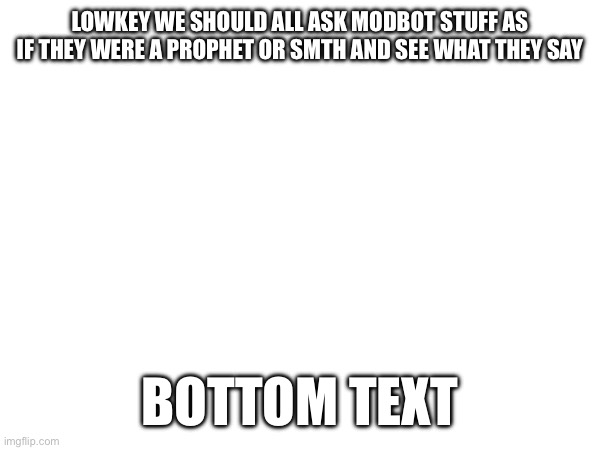 e | LOWKEY WE SHOULD ALL ASK MODBOT STUFF AS IF THEY WERE A PROPHET OR SMTH AND SEE WHAT THEY SAY; BOTTOM TEXT | image tagged in e | made w/ Imgflip meme maker