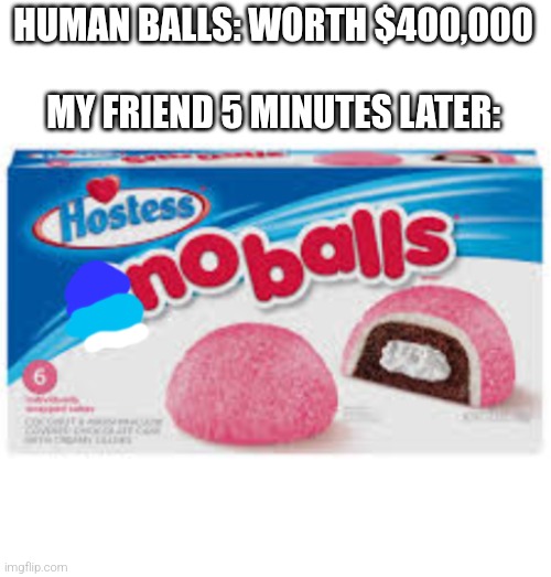 noballs | HUMAN BALLS: WORTH $400,000
 
MY FRIEND 5 MINUTES LATER: | image tagged in noballs | made w/ Imgflip meme maker