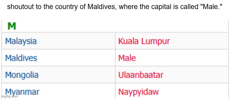 do you think they have toxic masculinity? | shoutout to the country of Maldives, where the capital is called "Male." | made w/ Imgflip meme maker