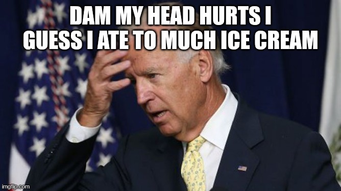 Joe Biden worries | DAM MY HEAD HURTS I GUESS I ATE TO MUCH ICE CREAM | image tagged in joe biden worries | made w/ Imgflip meme maker