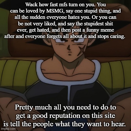 canon bardock | Wack how fast mfs turn on you. You can be loved by MSMG, say one stupid thing, and all the sudden everyone hates you. Or you can be not very liked, and say the stupidest shit ever, get hated, and then post a funny meme after and everyone forgets all about it and stops caring. Pretty much all you need to do to get a good reputation on this site is tell the people what they want to hear. | image tagged in canon bardock | made w/ Imgflip meme maker