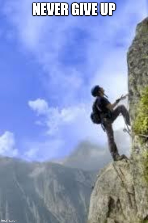 Don't give up | NEVER GIVE UP | image tagged in climbing mountain,funny memes | made w/ Imgflip meme maker