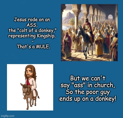 Jesus Rode a Mule | Jesus rode on an 
ASS, 
the "colt of a donkey,"
representing Kingship. 
-
 That's a MULE. But we can't say "ass" in church,
So the poor guy ends up on a donkey! | image tagged in symbol of kingship,jesus on donkey | made w/ Imgflip meme maker
