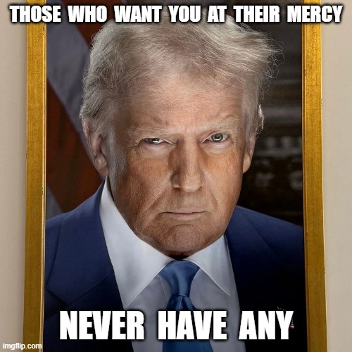 The Face of Evil | THOSE  WHO  WANT  YOU  AT  THEIR  MERCY; NEVER  HAVE  ANY | image tagged in donald trump | made w/ Imgflip meme maker