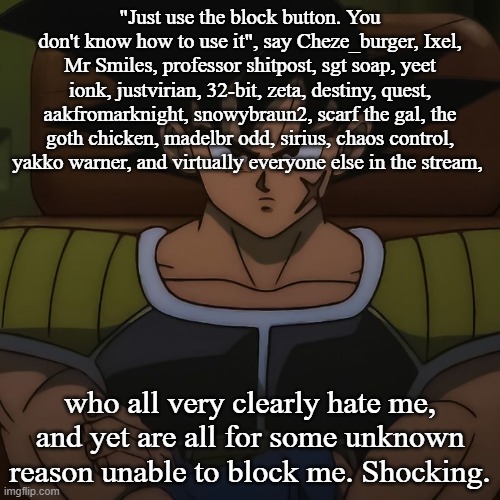 canon bardock | "Just use the block button. You don't know how to use it", say Cheze_burger, Ixel, Mr Smiles, professor shitpost, sgt soap, yeet ionk, justvirian, 32-bit, zeta, destiny, quest, aakfromarknight, snowybraun2, scarf the gal, the goth chicken, madelbr odd, sirius, chaos control, yakko warner, and virtually everyone else in the stream, who all very clearly hate me, and yet are all for some unknown reason unable to block me. Shocking. | image tagged in canon bardock | made w/ Imgflip meme maker