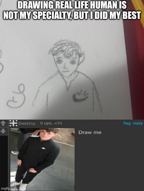 Destiny request | DRAWING REAL LIFE HUMAN IS NOT MY SPECIALTY, BUT I DID MY BEST | made w/ Imgflip meme maker