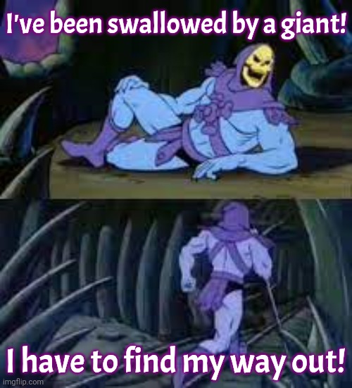 Don't get digested. | I've been swallowed by a giant! I have to find my way out! | image tagged in skeletor,escape,stomach,acid,fast food | made w/ Imgflip meme maker
