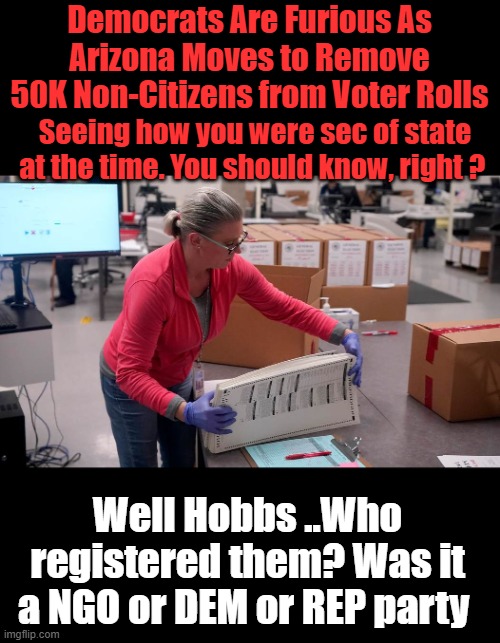 ATTENTION non citizens CAN NOT VOTE. | Democrats Are Furious As Arizona Moves to Remove 50K Non-Citizens from Voter Rolls; Seeing how you were sec of state at the time. You should know, right ? Well Hobbs ..Who registered them? Was it a NGO or DEM or REP party | made w/ Imgflip meme maker