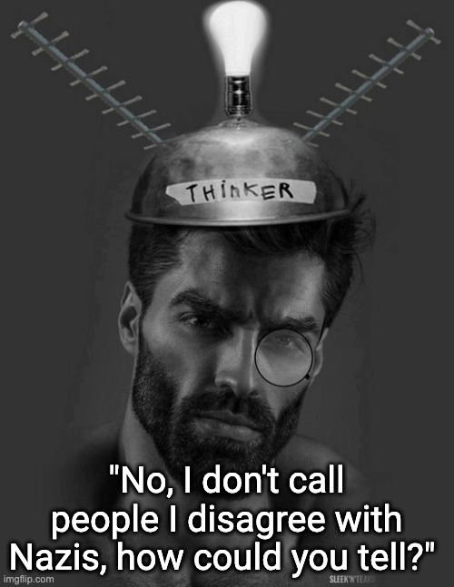 Gigachad Thinker | "No, I don't call people I disagree with Nazis, how could you tell?" | image tagged in gigachad thinker | made w/ Imgflip meme maker