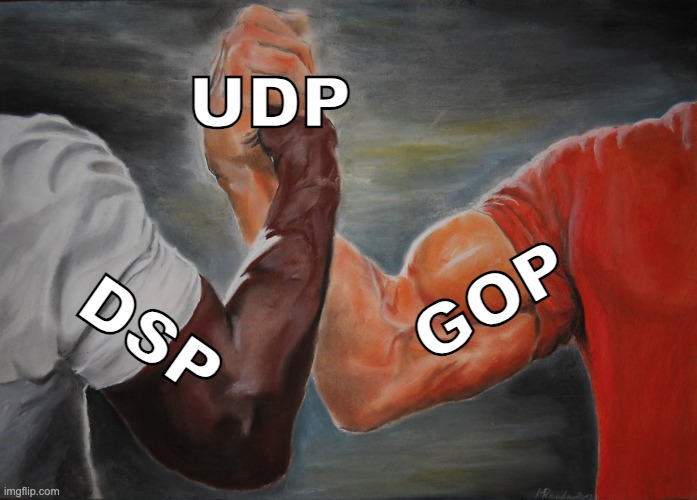 dsp and gop forming udp. | UDP; GOP; DSP | image tagged in memes,epic handshake | made w/ Imgflip meme maker