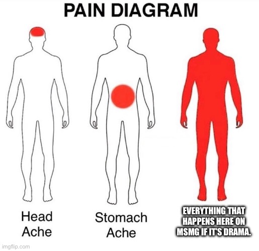 Relatable??? | EVERYTHING THAT HAPPENS HERE ON MSMG IF IT’S DRAMA. | image tagged in pain diagram | made w/ Imgflip meme maker