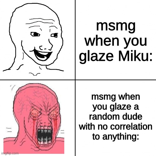 Kevin mondaine | msmg when you glaze Miku:; msmg when you glaze a random dude with no correlation to anything: | image tagged in happy vs angry wojak | made w/ Imgflip meme maker