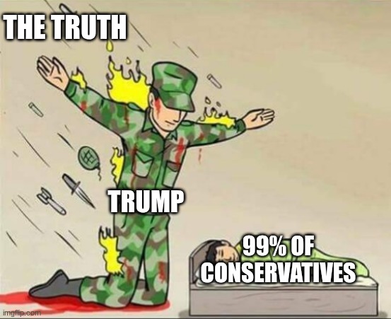 He convinced the sheep the other side are sheep and they are lions | THE TRUTH; TRUMP; 99% OF CONSERVATIVES | image tagged in soldier protecting sleeping child,donald trump | made w/ Imgflip meme maker