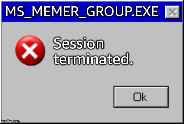 Windows Error Message | MS_MEMER_GROUP.EXE; Session terminated. | image tagged in windows error message | made w/ Imgflip meme maker