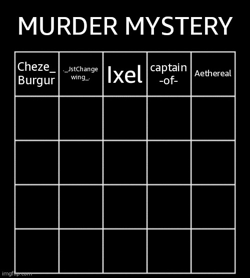 join | MURDER MYSTERY; ._JstChange
wing_. Ixel; Aethereal; Cheze_
Burgur; captain
-of- | image tagged in blank five by five bingo grid | made w/ Imgflip meme maker