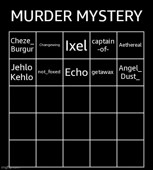 comment to join | MURDER MYSTERY; .Changewing; Ixel; Aethereal; Cheze_
Burgur; captain
-of-; not_foxed; Echo; getawax; Jehlo
Kehlo; Angel_
Dust_ | image tagged in blank five by five bingo grid | made w/ Imgflip meme maker