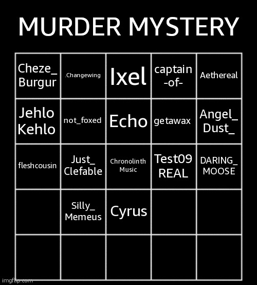 comment to join NOW. | MURDER MYSTERY; .Changewing; Ixel; Aethereal; Cheze_
Burgur; captain
-of-; not_foxed; Echo; getawax; Jehlo
Kehlo; Angel_
Dust_; Just_
Clefable; Chronolinth
Music; Test09
REAL; DARING_
MOOSE; fleshcousin; Silly_
Memeus; Cyrus | image tagged in blank five by five bingo grid | made w/ Imgflip meme maker