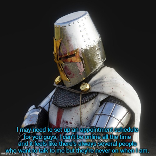 just a thought | I may need to set up an appointment schedule for you guys, I can't be online all the time and it feels like there's always several people who want to talk to me but they're never on when I am. | image tagged in paladin | made w/ Imgflip meme maker