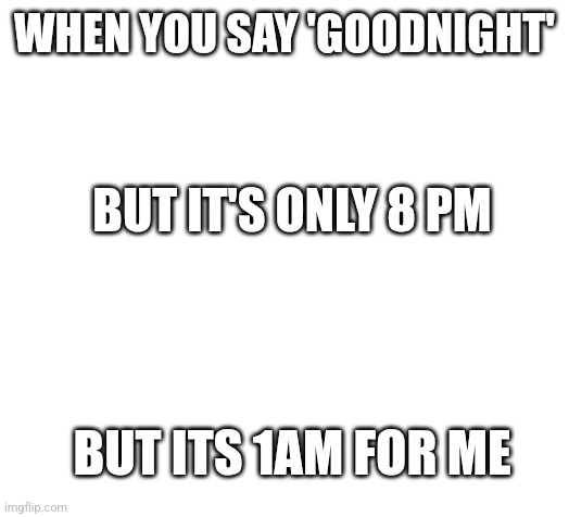 Blank | WHEN YOU SAY 'GOODNIGHT'; BUT IT'S ONLY 8 PM; BUT ITS 1AM FOR ME | image tagged in blank | made w/ Imgflip meme maker