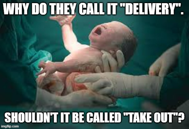 Why do they call it delivery? Shouldn't it be called take out? Birth of a baby. | image tagged in funny,fun,birth,baby,delivery,humor | made w/ Imgflip meme maker