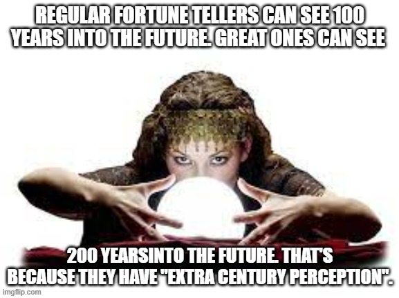 Fortune Tellers can see 100 years into the future. The great ones see further back. | image tagged in funny,fortune teller,play on words,fun,humor,future | made w/ Imgflip meme maker