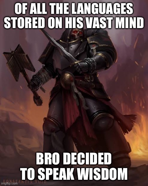 Black templar | OF ALL THE LANGUAGES ​​STORED ON HIS VAST MIND BRO DECIDED TO SPEAK WISDOM | image tagged in black templar | made w/ Imgflip meme maker