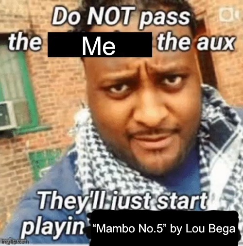 Pass it..? Or not… | Me; “Mambo No.5” by Lou Bega | image tagged in do not pass the x the aux they ll just start playin y | made w/ Imgflip meme maker
