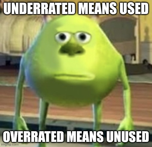 ENGLISH IS FUNNNNNNNN | UNDERRATED MEANS USED; OVERRATED MEANS UNUSED | image tagged in mike wazowski face swap | made w/ Imgflip meme maker