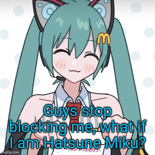 Hatsune Miku McDonalds | Guys stop blocking me, what if I am Hatsune Miku? | image tagged in hatsune miku mcdonalds | made w/ Imgflip meme maker