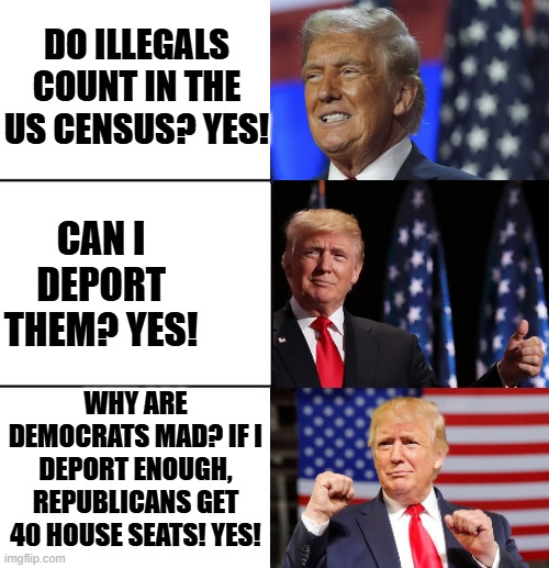 Do illegals count in a census? Can I deport them? Can I get 40 house seats? YES!! | DO ILLEGALS COUNT IN THE US CENSUS? YES! CAN I DEPORT THEM? YES! WHY ARE DEMOCRATS MAD? IF I DEPORT ENOUGH, REPUBLICANS GET 40 HOUSE SEATS! YES! | image tagged in illegal aliens | made w/ Imgflip meme maker