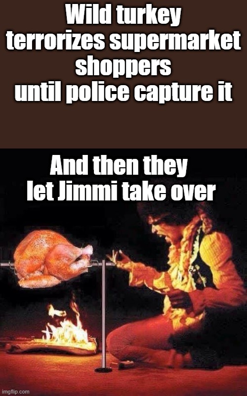 Wild turkey terrorizes supermarket shoppers until police capture it; And then they  let Jimmi take over | made w/ Imgflip meme maker
