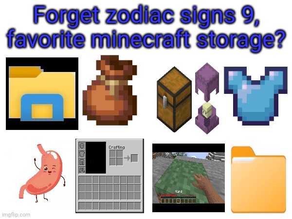 Forget zodiac signs 9.0, | Forget zodiac signs 9, favorite minecraft storage? | image tagged in zodiac signs | made w/ Imgflip meme maker