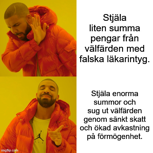 Drake Hotline Bling Meme | Stjäla liten summa pengar från välfärden med falska läkarintyg. Stjäla enorma summor och sug ut välfärden genom sänkt skatt och ökad avkastning på förmögenhet. | image tagged in memes,drake hotline bling | made w/ Imgflip meme maker