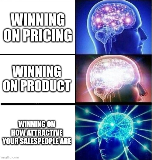 Expanding brain 3 panels | WINNING ON PRICING; WINNING ON PRODUCT; WINNING ON HOW ATTRACTIVE YOUR SALESPEOPLE ARE | image tagged in expanding brain 3 panels | made w/ Imgflip meme maker