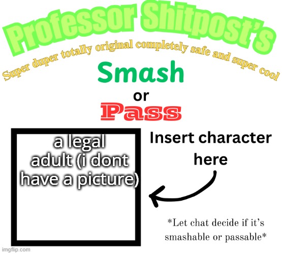 Professor Shitpost's smash or pass | a legal adult (i dont have a picture) | image tagged in professor shitpost's smash or pass | made w/ Imgflip meme maker