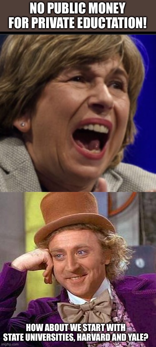 NO PUBLIC MONEY FOR PRIVATE EDUCTATION! HOW ABOUT WE START WITH STATE UNIVERSITIES, HARVARD AND YALE? | image tagged in randi weingarten,memes,creepy condescending wonka | made w/ Imgflip meme maker
